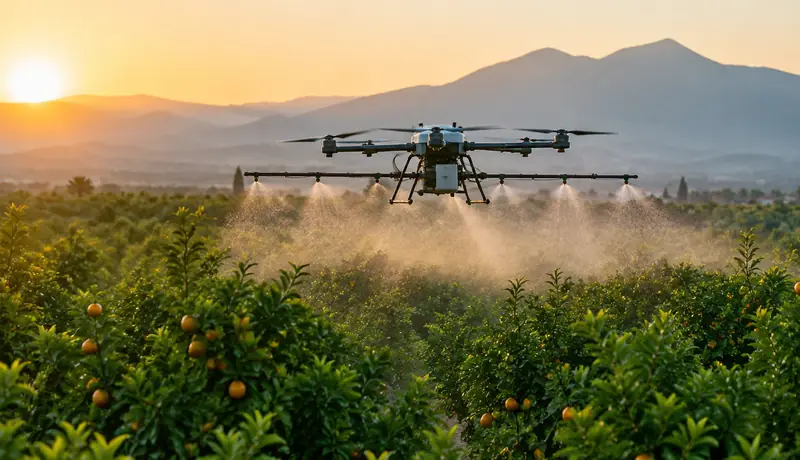 Dron agrícola DJI Agras pulverizando un campo de cítricos