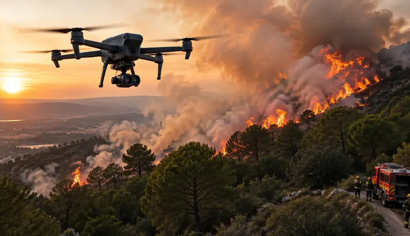 Dron sobrevolando un incendio forestal al atardecer